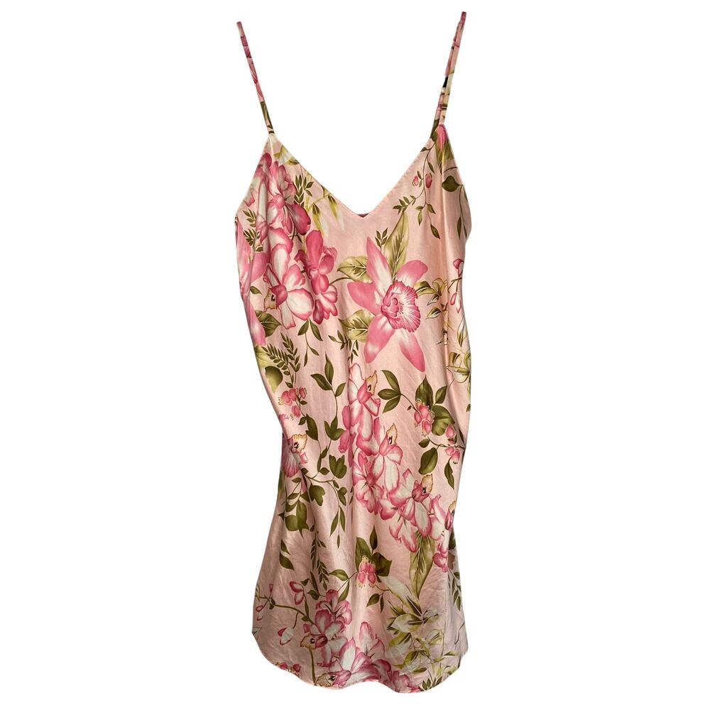 August Moon Y2K Pink Floral 100% Silk Slip Dress Size Small Tropical Resortwear